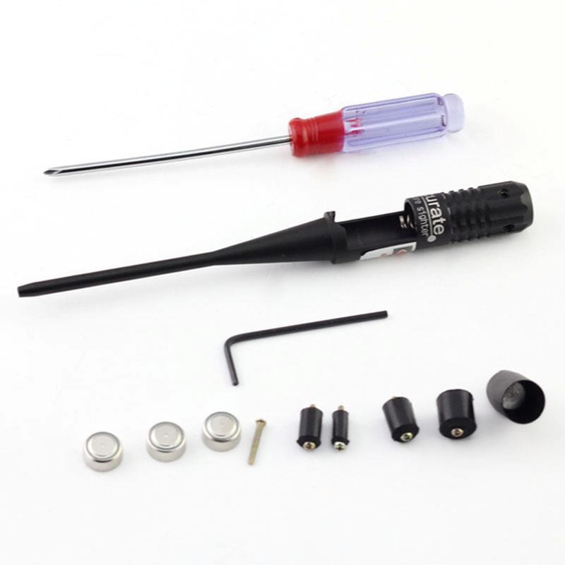 Red laser bore sighter for .22 and .50 caliber firearms, A1 Decoy Ltd, used for firearm target alignment and sighting.