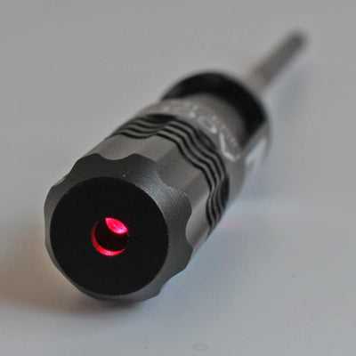 Red laser bore sighter for .22 and .50 caliber rifles by A1 Decoy Ltd, shown with targeting features for firearm alignment.