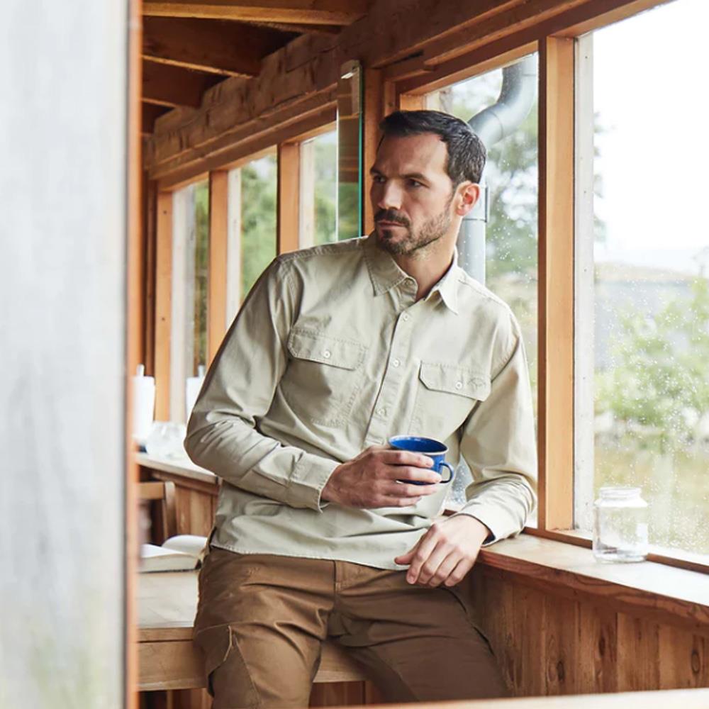 Ridgeline men's yard placket shirt in beech color, size 2XL, from A1 Decoy Ltd, displayed on a hanger.