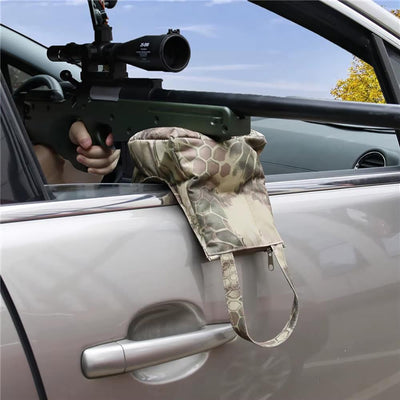 Unfilled window mount gun rest bag by A1 DECOY LTD, showing a durable, fabric gun rest designed to attach to a window for stability.