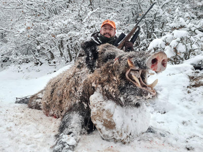 A1 DECOY LTD wild boar hunting scene in Turkey's Hidden Valley, January 2026, showing hunting equipment and landscape.