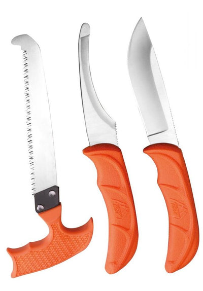 Outdoor Edge Jaeger Guide three-piece knife set with sheath by A1 DECOY LTD, featuring knives with black handles and stainless steel blades.