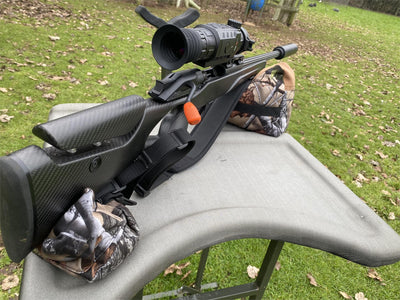 Camo two-piece rifle rest set by A1 Decoy Ltd with adjustable support for hunting or shooting practice.