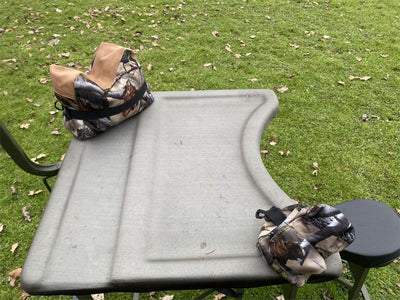 Camouflage two-piece rifle rest set from A1 Decoy Ltd, featuring adjustable supports for stability during hunting or shooting.