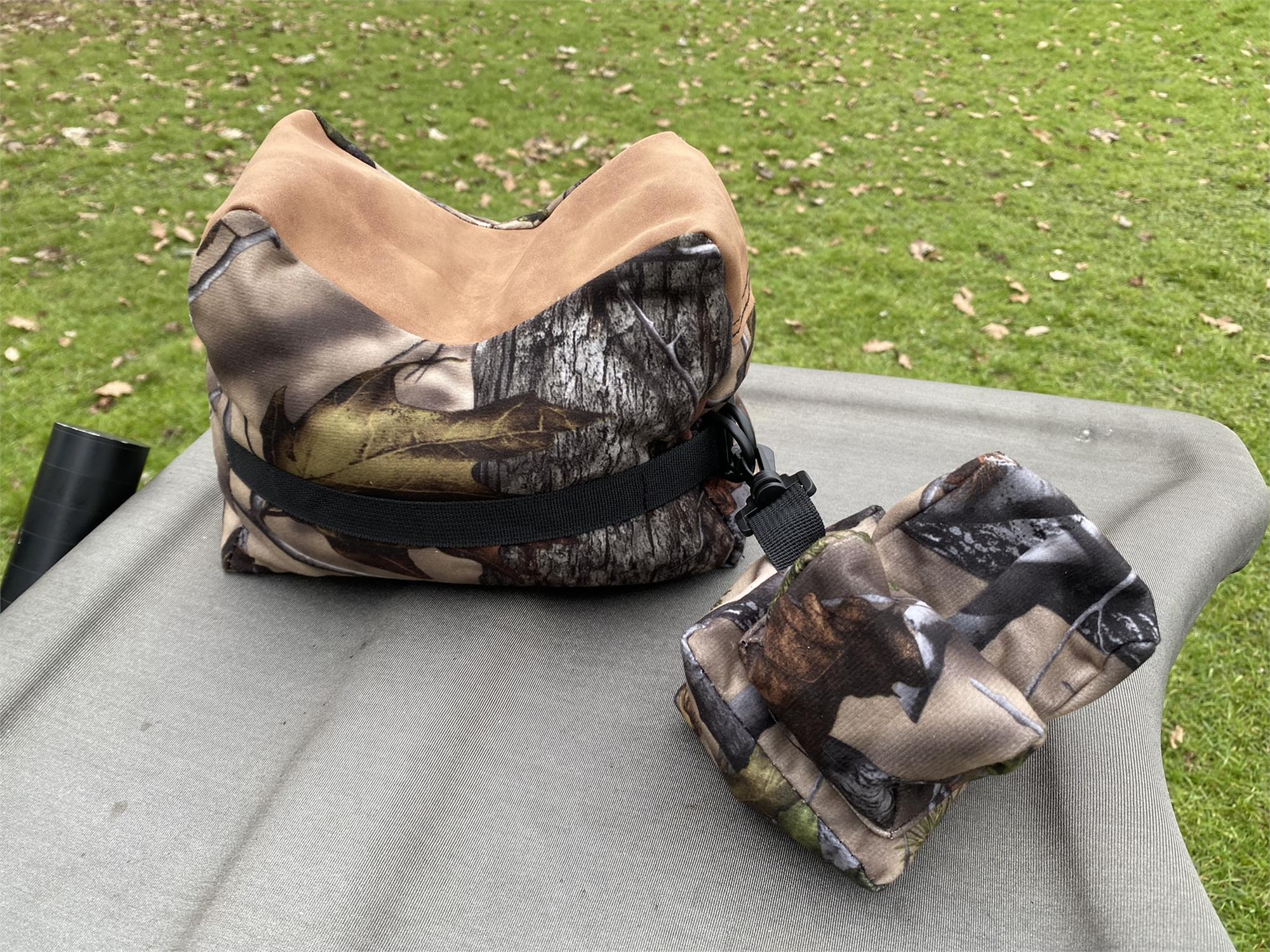 A1 Decoy Ltd camo two-piece rifle rest set showing adjustable and padded support for accurate firearm stability.