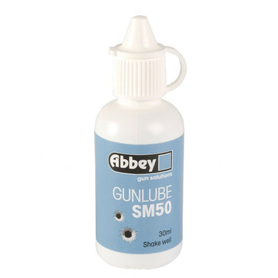 Abbey SM50 Abbey Gun Lube 30ml dropper bottle with label for firearm lubrication and maintenance.
