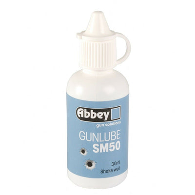 Abbey SM50 Gun Lube 30ml dropper bottle, lubricant for firearms with a clear dropper cap, designed for gun maintenance and safety.