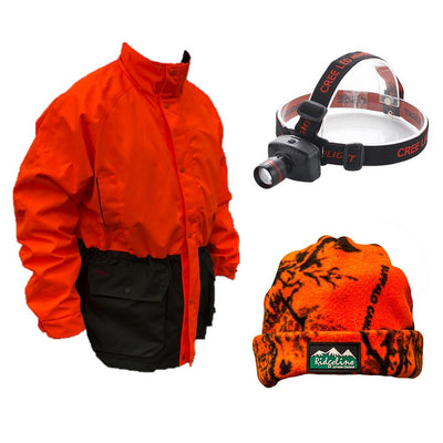 Deerhunter waterproof jacket, beanie, and Cree head torch for outdoor activities, shown in a natural outdoor setting.