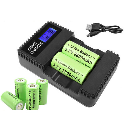 Rechargeable CR123 batteries and charger for Pulsar and infrared torch, shown with batteries and charging device.