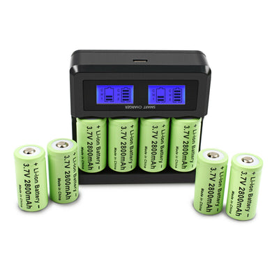 Rechargeable CR123 batteries and charger for Pulsar and infrared torch, shown with batteries and charging device.