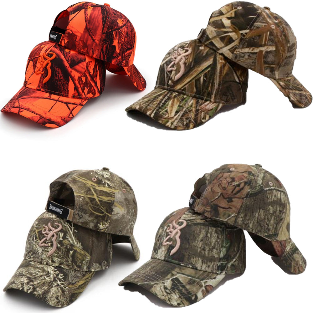 Browning camouflage and blaze orange hunting hats with adjustable straps and wide brims, designed for outdoor activities.