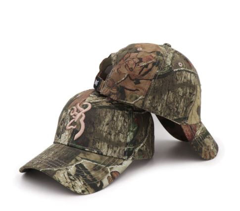 Browning camouflage and blaze orange hunting hats with adjustable straps and branded logo, ideal for outdoor activities.