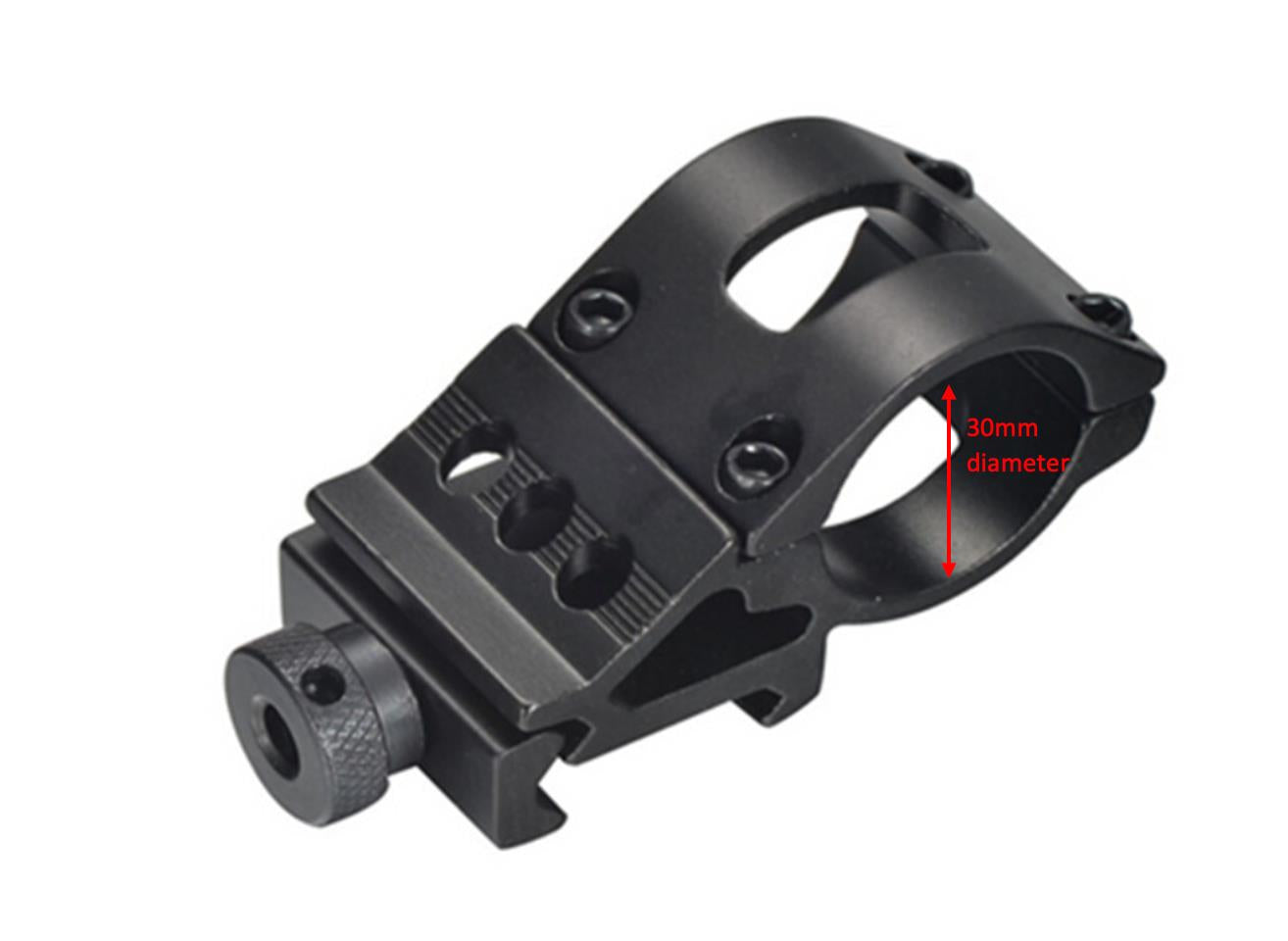 Aliexpress offset side torch 45-degree mount with thumb screw for 30mm diameter flashlights or torches.
