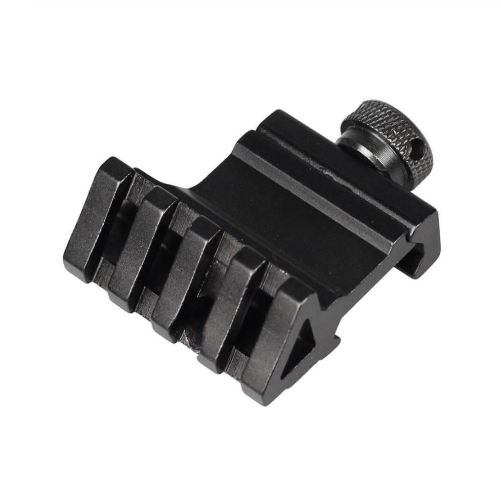 45-degree offset mount with thumb screw for camera or equipment, black aluminum, adjustable angle, compatible with various devices.