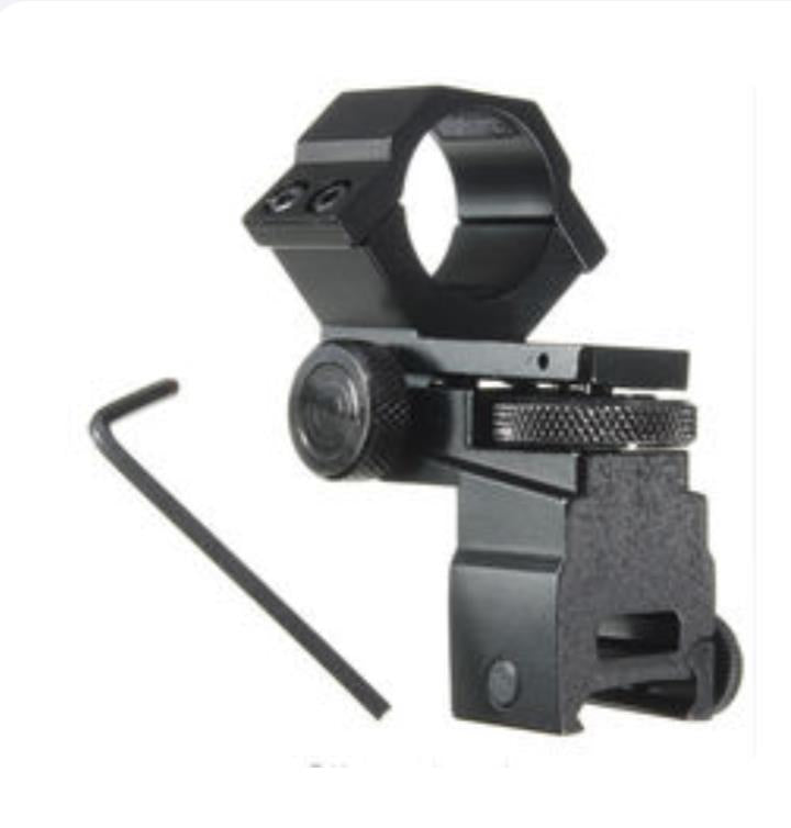Adjustable Weaver rail torch scope mount with windage and elevation adjustments, designed for secure firearm attachment.