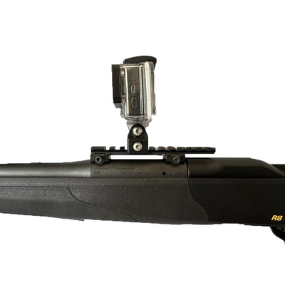 GoPro rifle mount with 20mm Picatinny rail, designed for secure camera attachment to firearms or tactical gear.