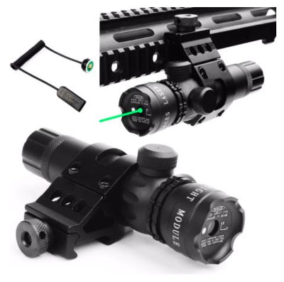Green laser scope with thumbscrew mount, compact and adjustable for rifle or firearm aiming systems.