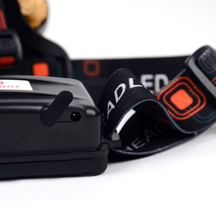 Heavy duty head torch with protective case from AliExpress showing adjustable strap and bright LED light for outdoor use.