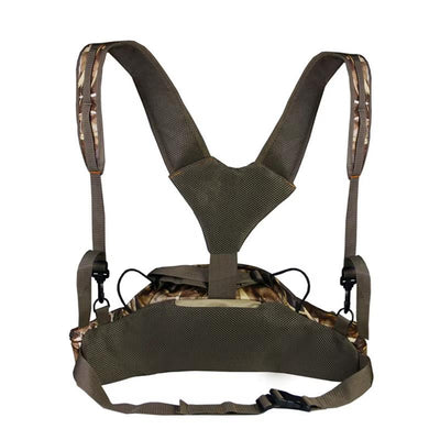 Outdoor hunting camo waist and shoulder tactical chest rig backpack with multiple pouches and adjustable straps.