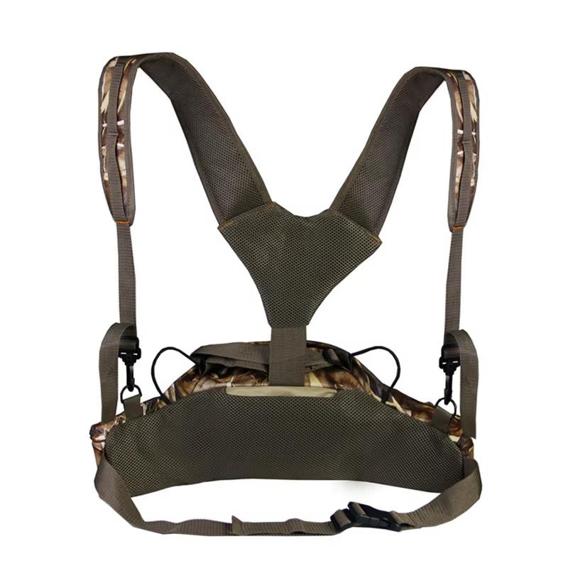 Outdoor hunting camo waist and shoulder tactical chest rig backpack with multiple pouches and adjustable straps.