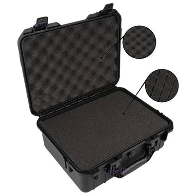 Square padded ammo case with hard shell, black protective storage container for firearm accessories and ammunition.