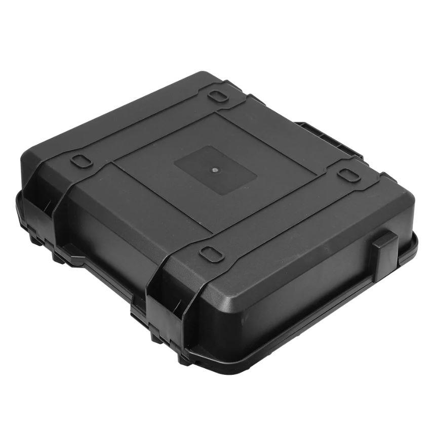 Square padded ammo case with hard shell, black exterior, and secure zipper closure, designed for firearm or ammunition storage.