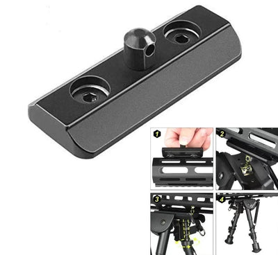 Low profile Picatinny bipod adapter mount with sling stud for firearms, designed for easy attachment and stability.