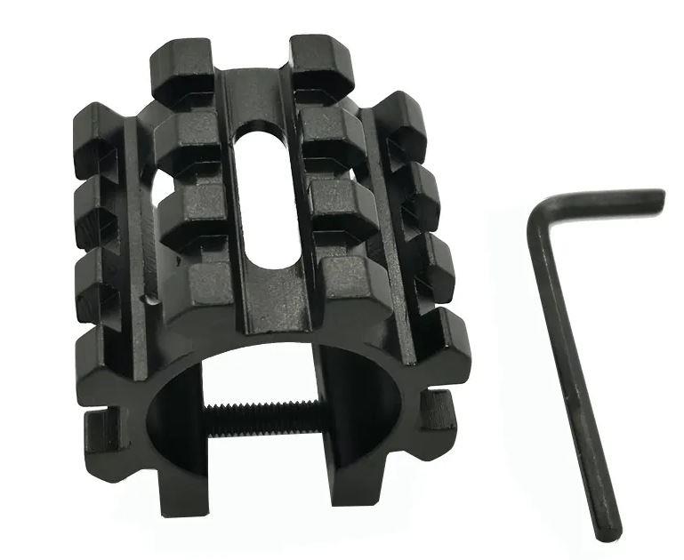 Universal Picatinny Weaver rail flashlight and laser mount for 25.4mm and 20mm rails with quick-release design.