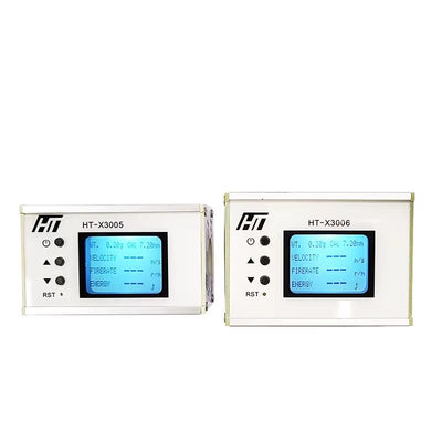 Shooting chronograph with backlight LCD display measuring firearm or projectile muzzle velocity for accuracy testing.