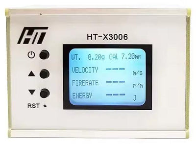 Shooting chronograph with backlight LCD display for measuring projectile speed, designed for accurate firearm and airgun testing.