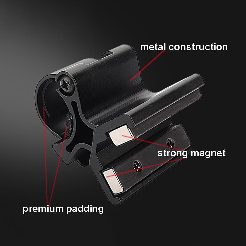Magnetic shotgun torch mount for 25/30mm rails, quick release design, compatible with tactical flashlights and weapon accessories.