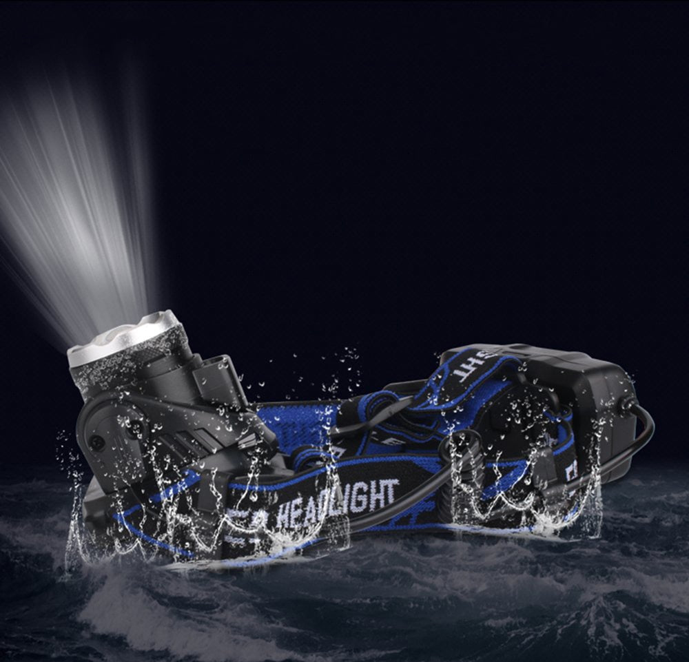 Bright LED head torch from ALIEXPRESS, ideal for camping and hiking, with adjustable strap and powerful illumination.