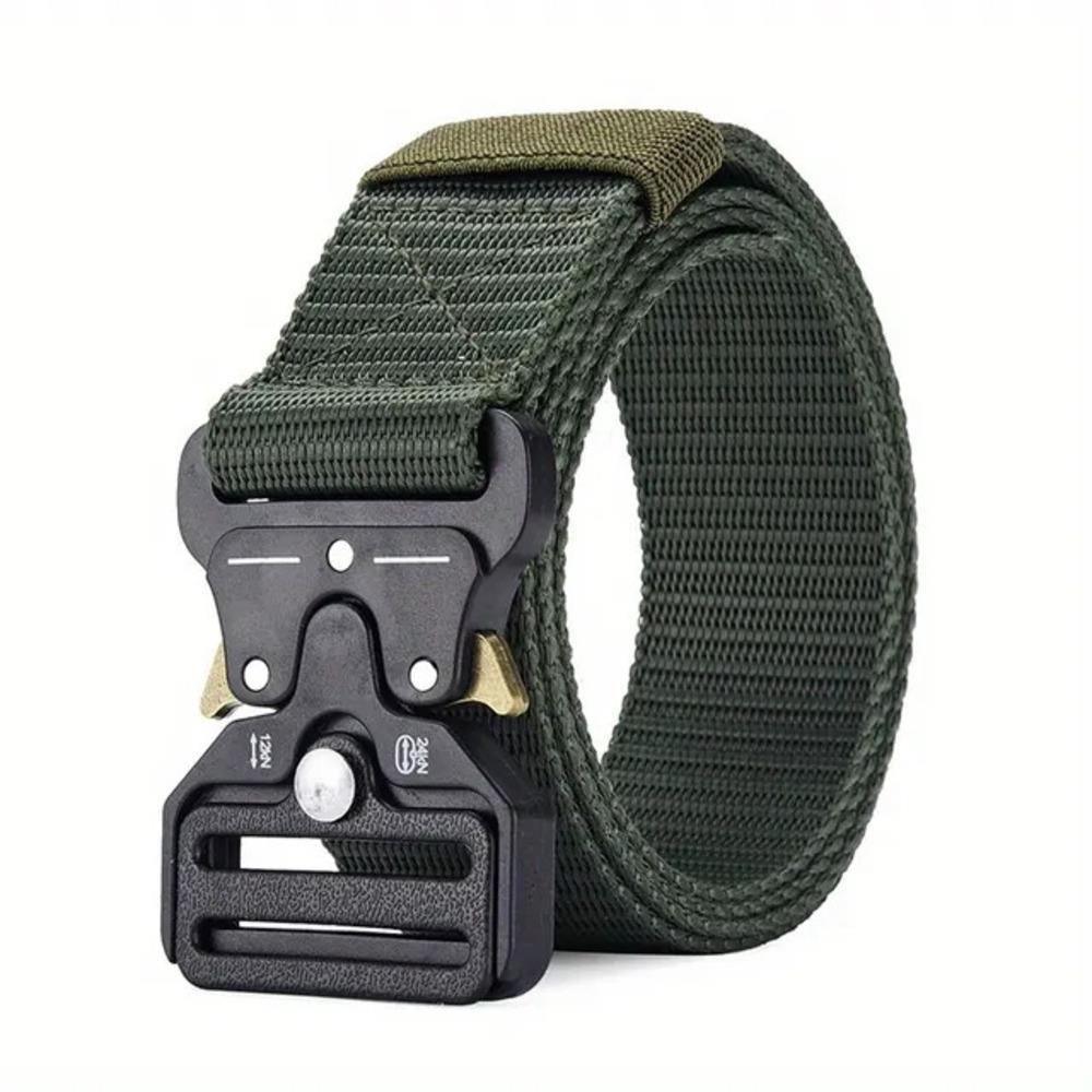 Green tactical nylon belt with quick-release metal buckle, durable and adjustable for outdoor or tactical use.