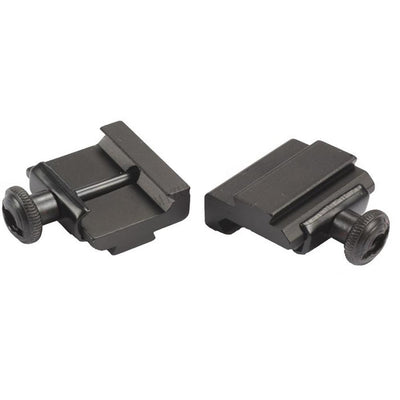 Pair of Weaver picatinny to dovetail rail adapters, black metal base mounts for firearm scope or accessory attachment.