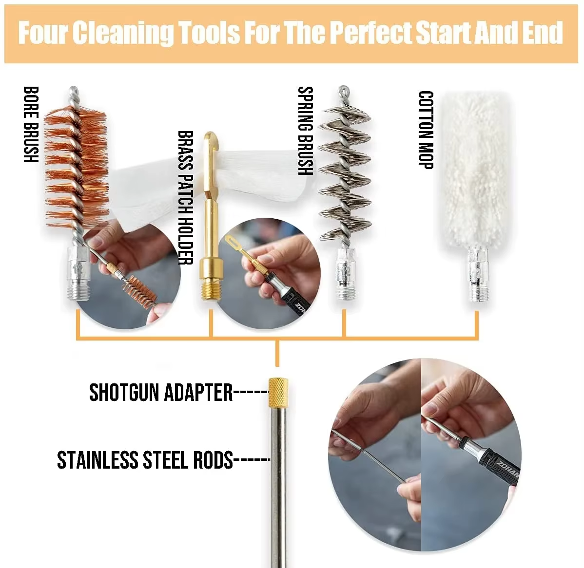 Zohan 12 Gauge Shotgun Cleaning Kit by ALIEXPRESS, includes brushes, cleaning rods, and patches for firearm maintenance.