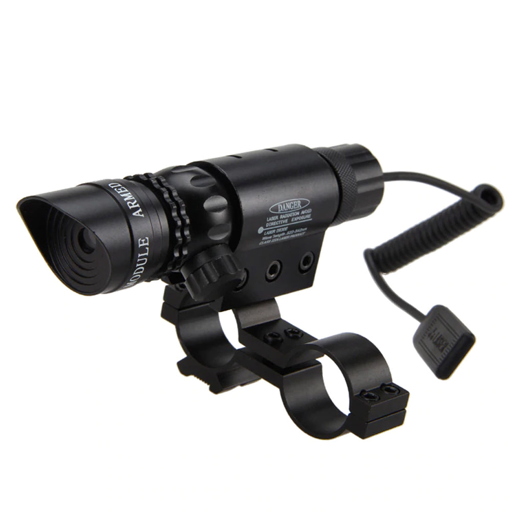 Red and green rechargeable laser sight designator with adjustable focus, compact and handheld for tactical or outdoor use.