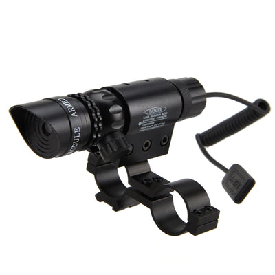 Red and green rechargeable laser sight designator with adjustable focus, compact and handheld for tactical or outdoor use.