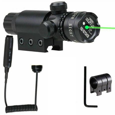 Green and red dot laser sight with barrel mount, compact tactical accessory for rifles and firearms.