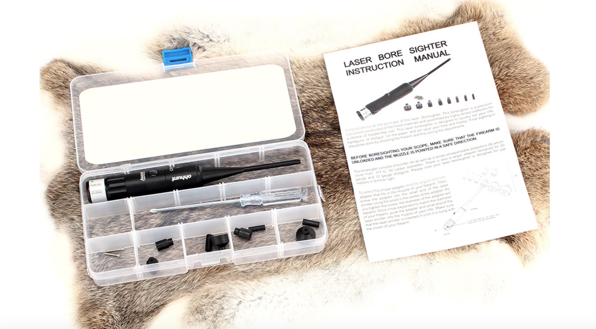 Red or green laser bore sighter for .17 to .50 caliber rifles and 12g/20g shotguns, used for accurate firearm sighting.