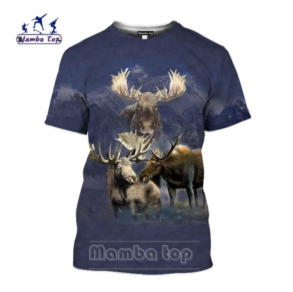 AliExpress country printed T-shirt featuring wild boar, roe deer, pigeon, wolf, moose, fox, goose, and ibex wildlife design.