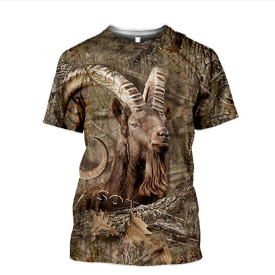 AliExpress country printed T-shirt featuring wildlife images of wild boar, roe deer, pigeon, wolf, moose, fox, goose, and ibex.