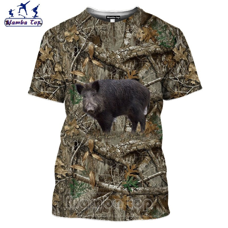 Country printed clothing tee shirt featuring wildlife designs of wild boar, roe deer, pigeon, wolf, moose, fox, goose, and ibex.