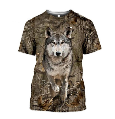 AliExpress country printed T-shirt featuring wild boar, roe deer, pigeon, wolf, moose, fox, goose, and ibex wildlife illustrations.