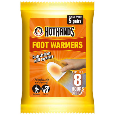 Alloga Hot Hands foot warmers 5-pack, disposable foot warmers for cold weather, shown in a colorful package.