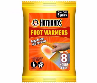Alloga Hot Hands foot warmers 5-pack shown in a clear plastic package, designed to keep feet warm in cold weather.