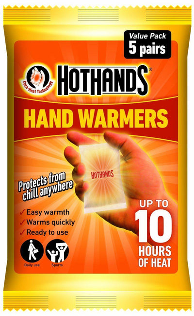 Alloga Hothands disposable hand warmers 5-pack, portable single-use warmers for cold weather comfort.