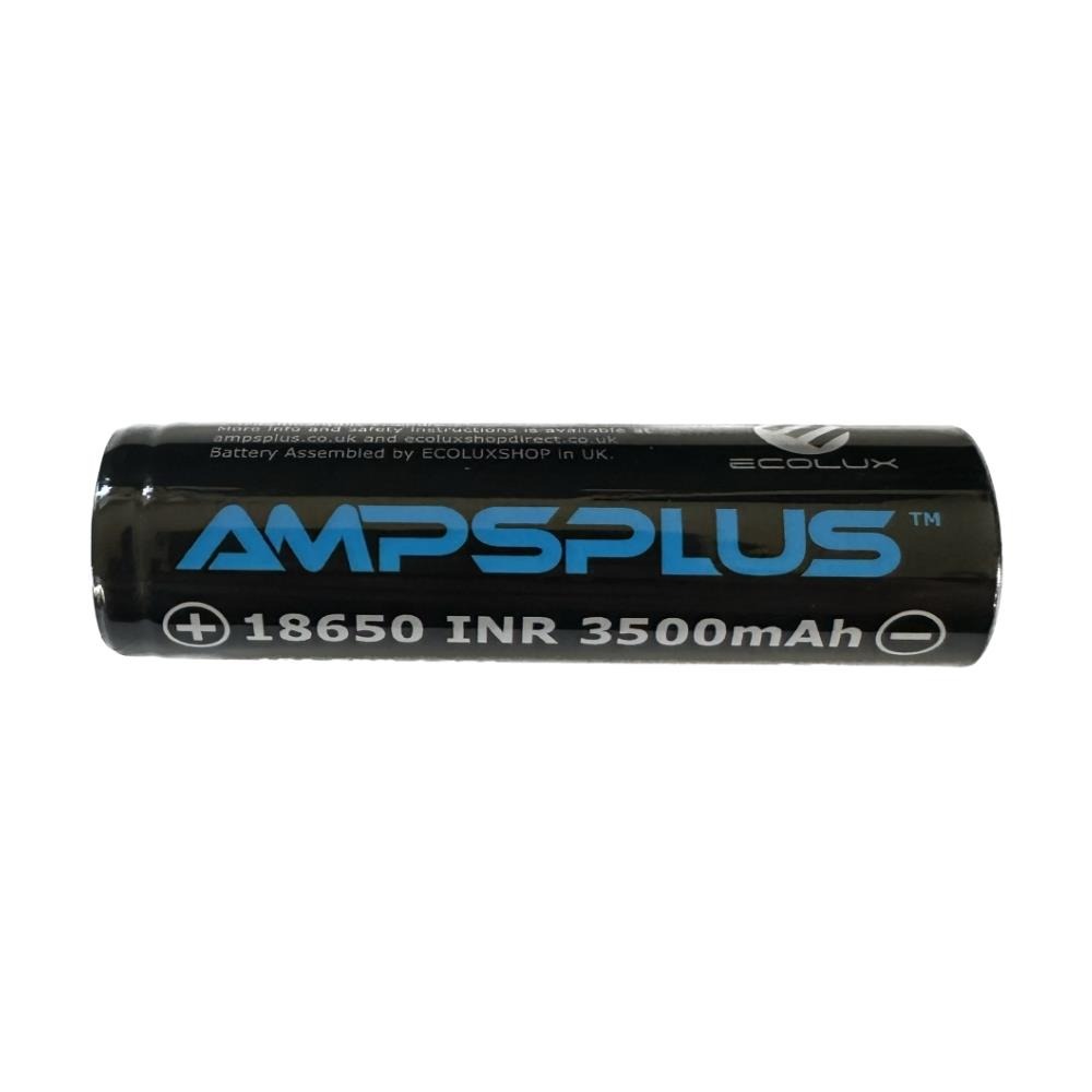 AmpsPlus 18650 rechargeable lithium-ion battery, 3500mAh capacity, 10A discharge, 3.7V, used in portable electronics.