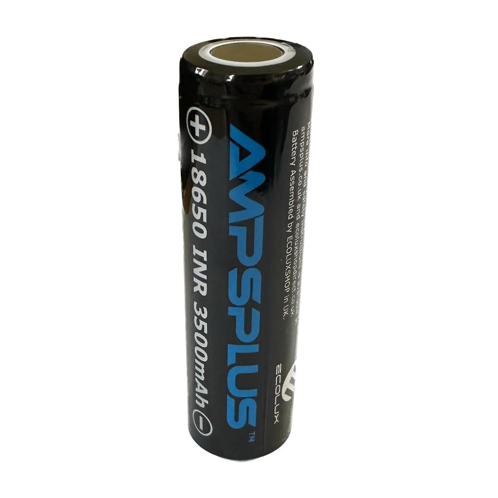 AmpsPlus 18650 rechargeable lithium-ion battery, 3500mAh capacity, 10A current, 3.7V, with product label visible.