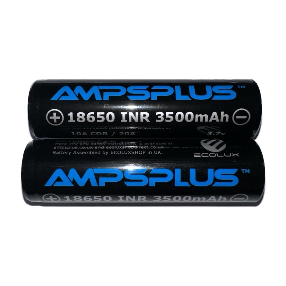 AMPS PLUS 18650 lithium-ion rechargeable battery, 3500mAH capacity, 10A discharge, 3.7V, shown in close-up image
