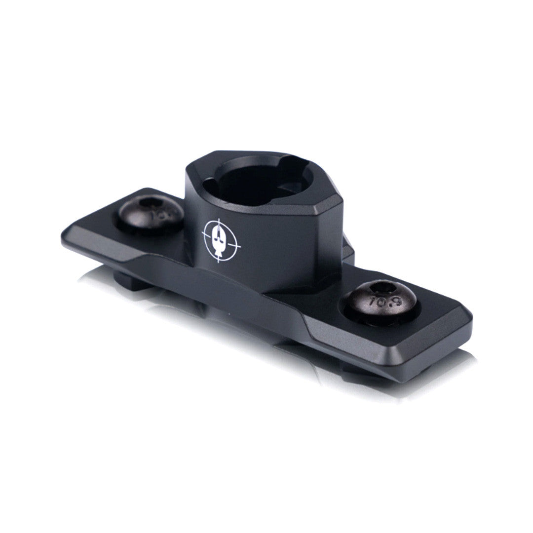 Black metal mounting bracket with a logo on a white background